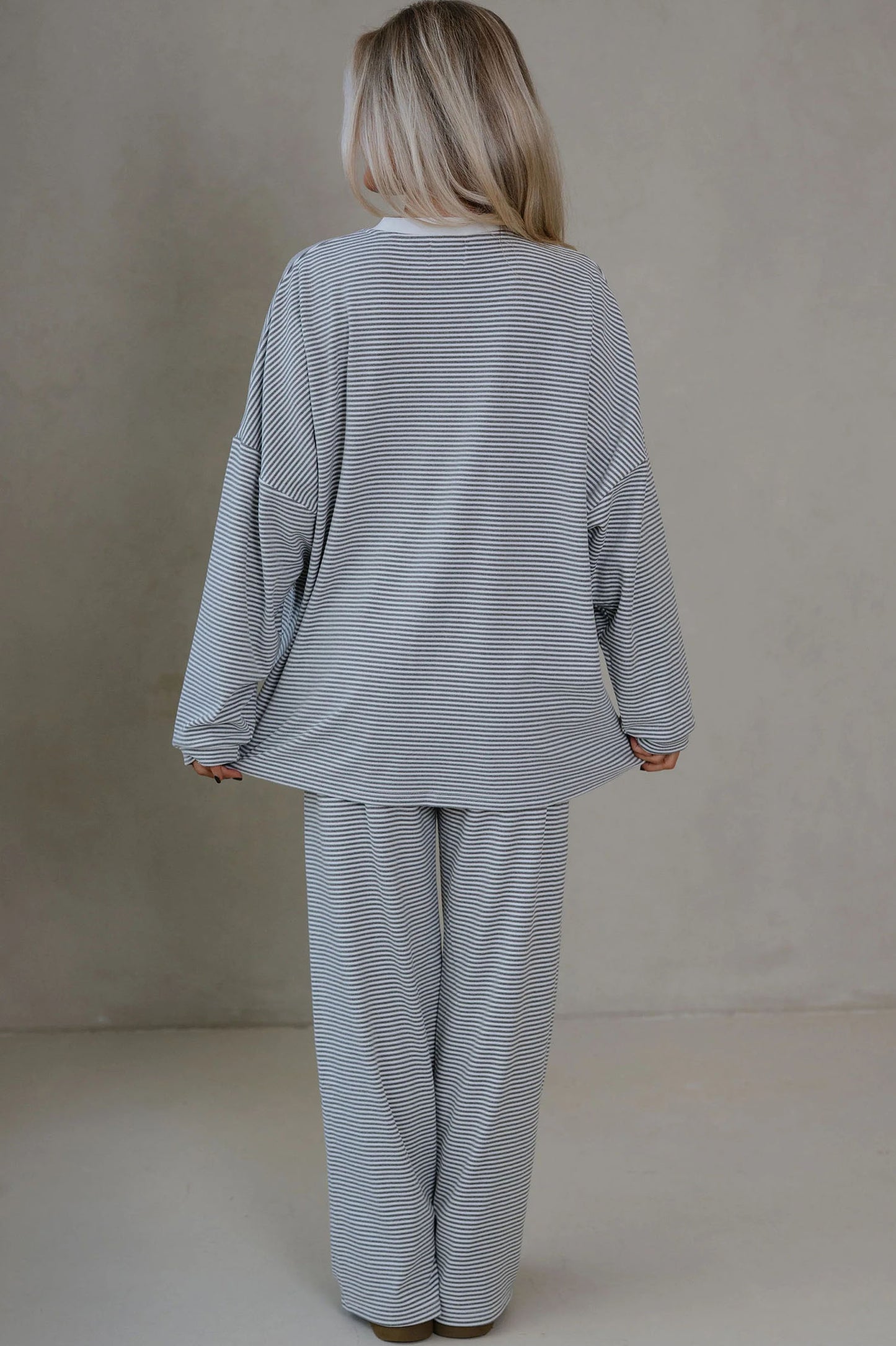 Pink Striped Drop Shoulder Long Sleeve Pant Set