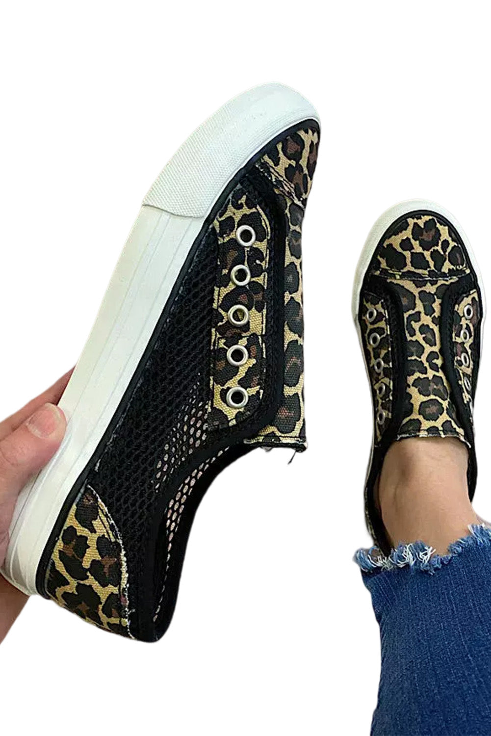 Leopard Mesh Patchwork Slip On Canvas Shoes