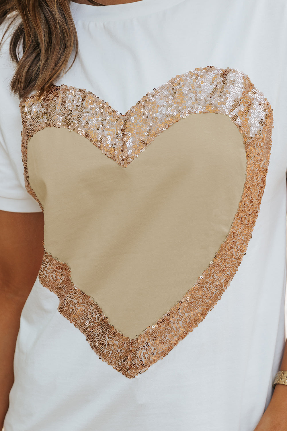 White Valentine\'s Day Sequined Heart Crew Neck Short Sleeve Top