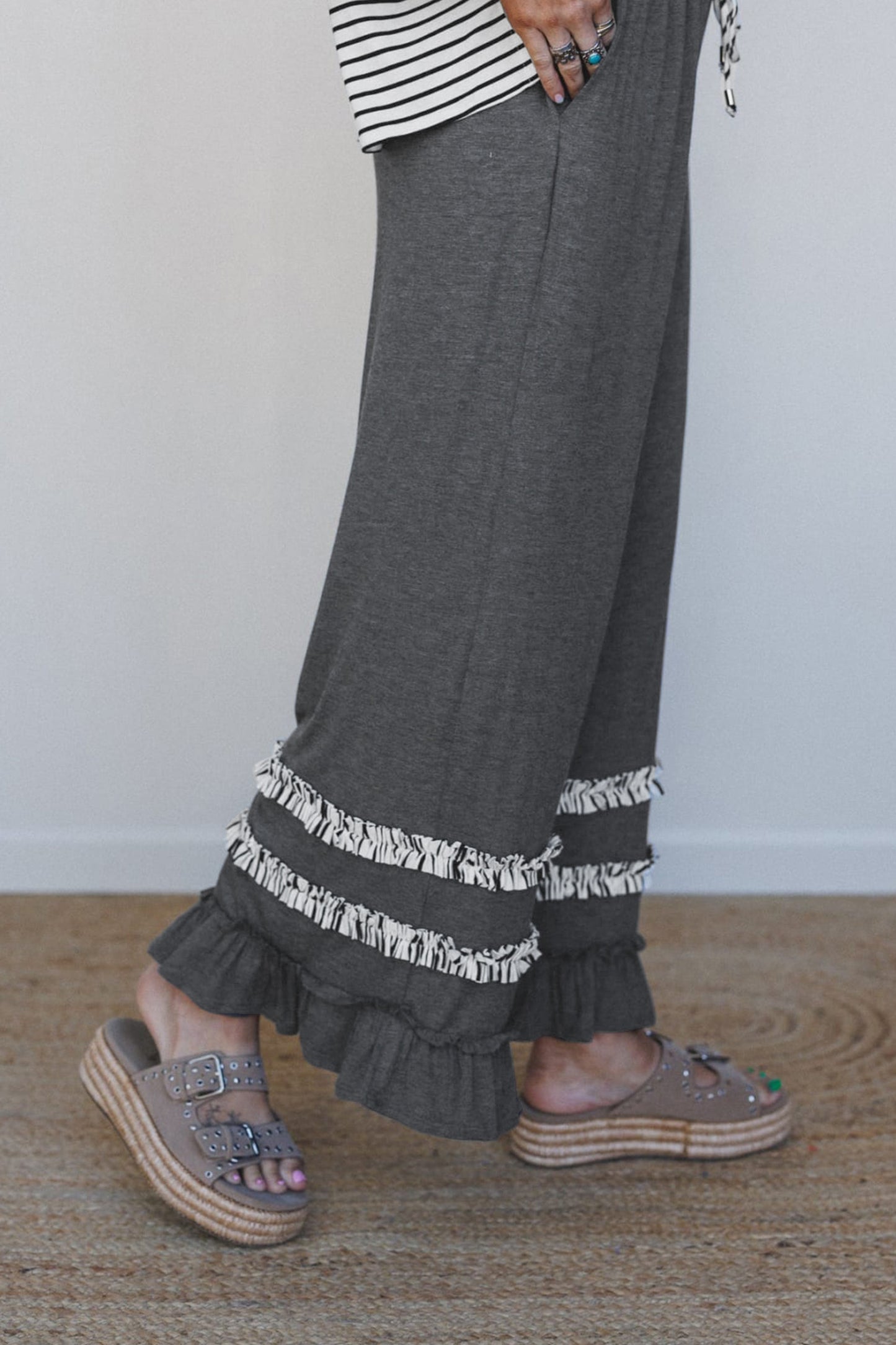 Gray Stripe V Neck Ruffle Contrast Sleeve Drawstring Pants 2pcs Set