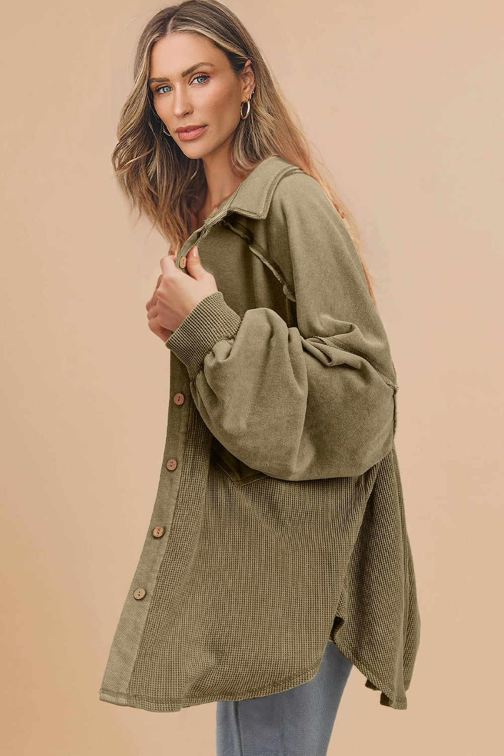 Moss Green Waffle Knit Patchwork Buttoned Oversized Shacket