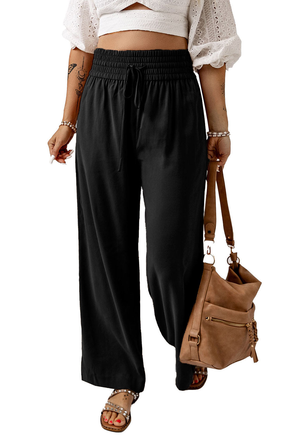 Black Drawstring Elastic Waist Casual Wide Leg Pants