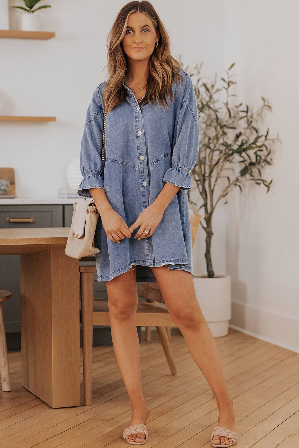 Light Blue Ruffled 3/4 Sleeve Buttoned Front Plus Size Denim Dress