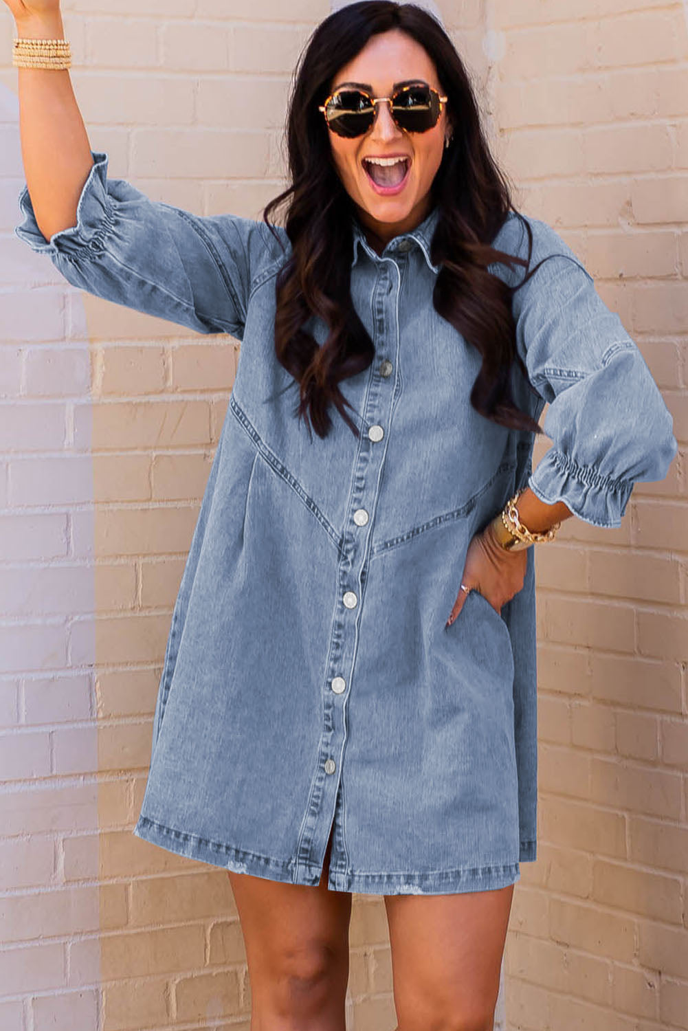 Light Blue Ruffled 3/4 Sleeve Buttoned Front Plus Size Denim Dress