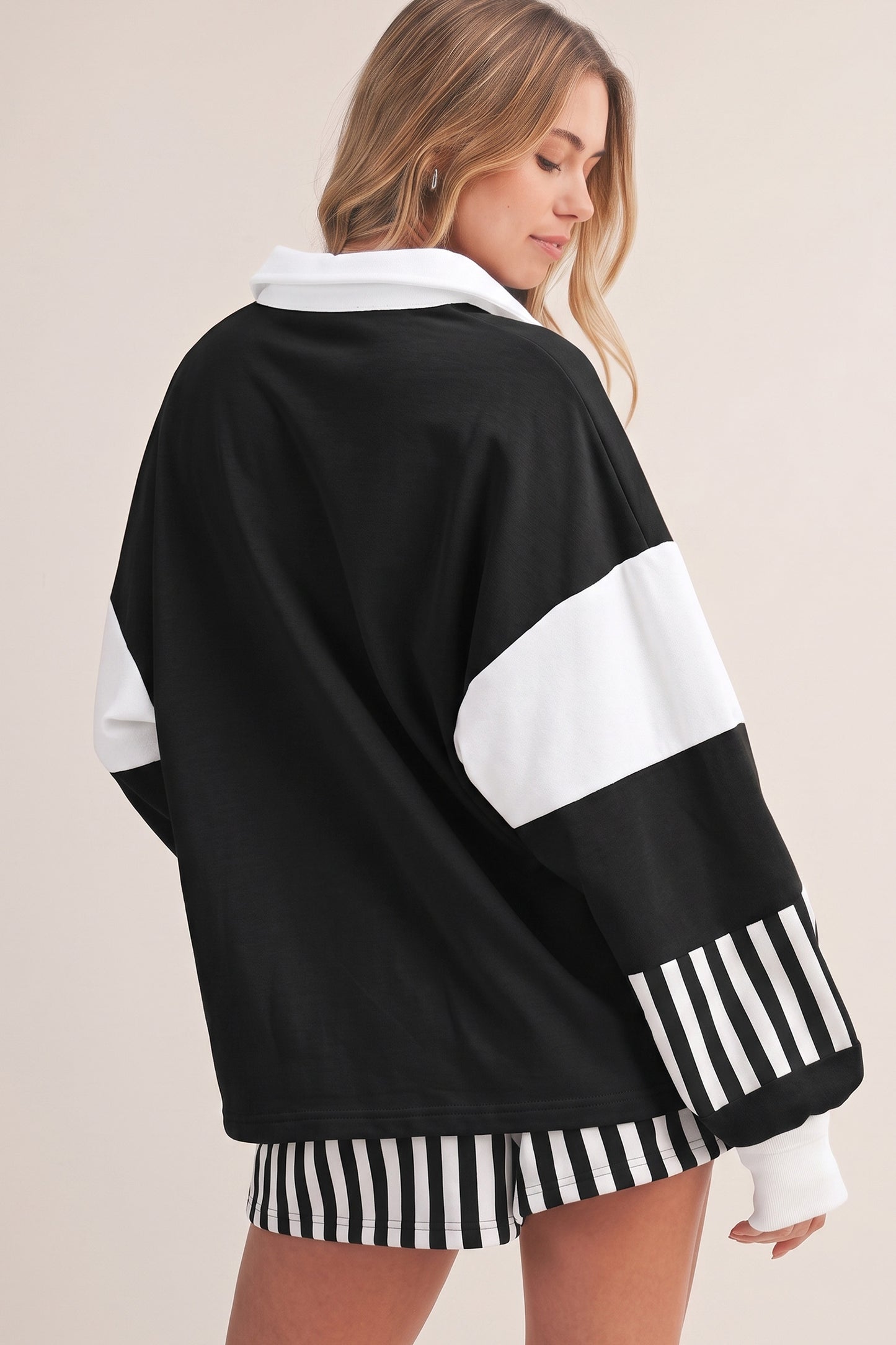 Smoke Green Striped Color Block Pullover Top Drawstring Shorts Set