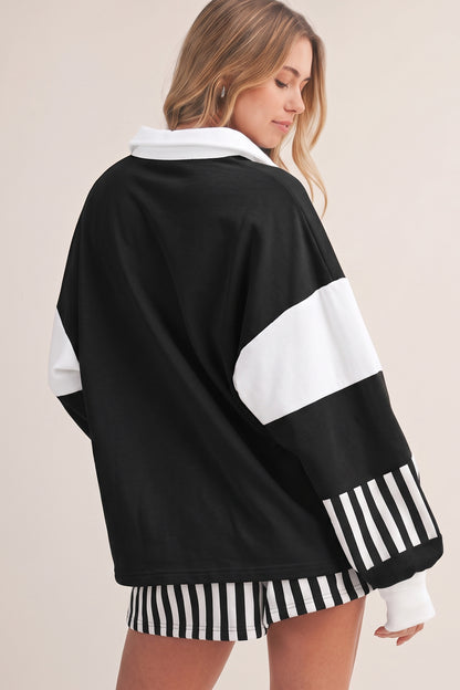 Smoke Green Striped Color Block Pullover Top Drawstring Shorts Set