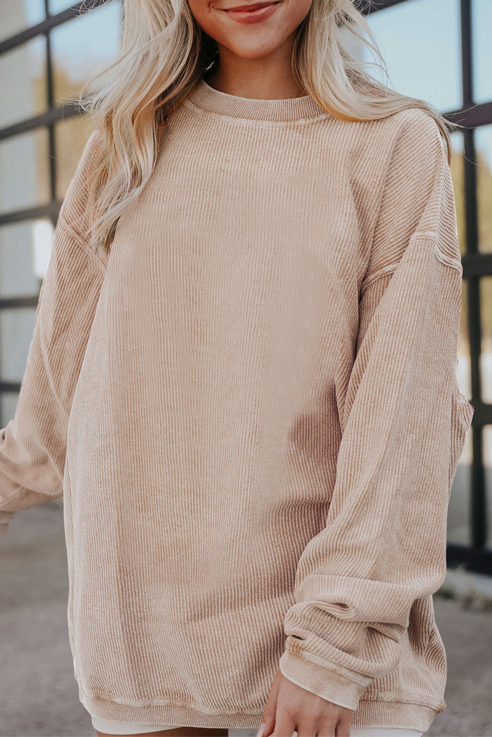 Strawberry Pink Ribbed Corded Oversized Sweatshirt