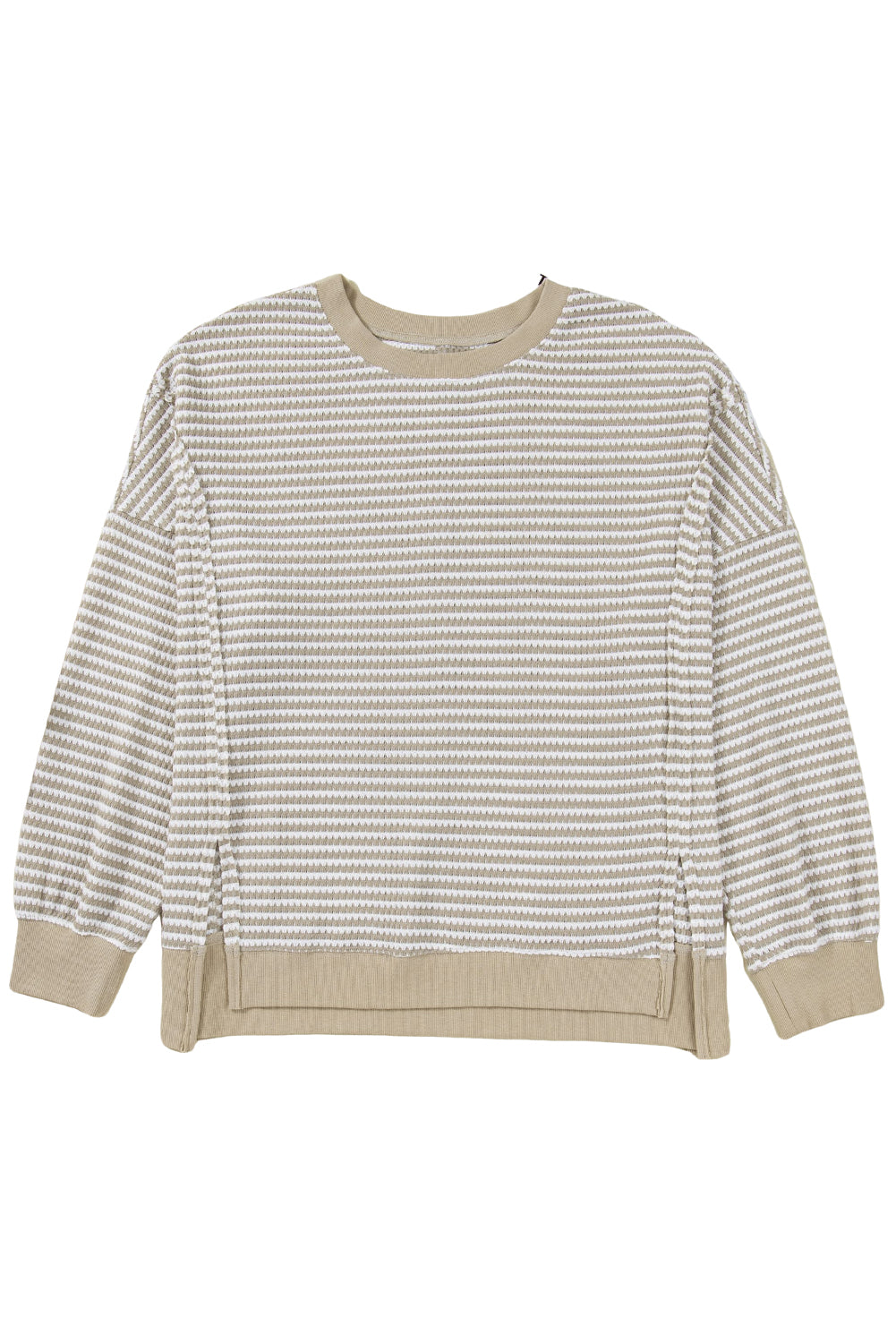 Brown Plus Size Stripe Ribbed Trim Drop Shoulder Long Sleeve Oversized Top