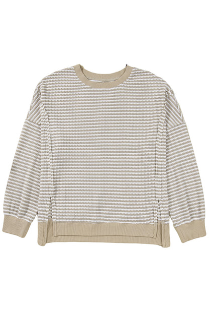 Brown Plus Size Stripe Ribbed Trim Drop Shoulder Long Sleeve Oversized Top