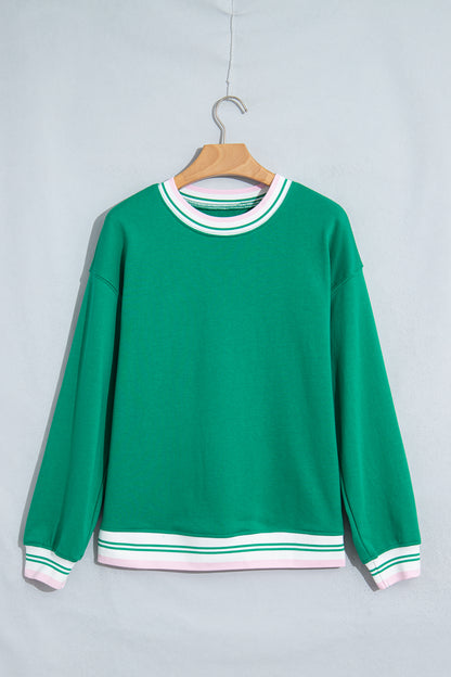 Bright Green Contrast Striped Trim Baggy Pullover Sweatshirt