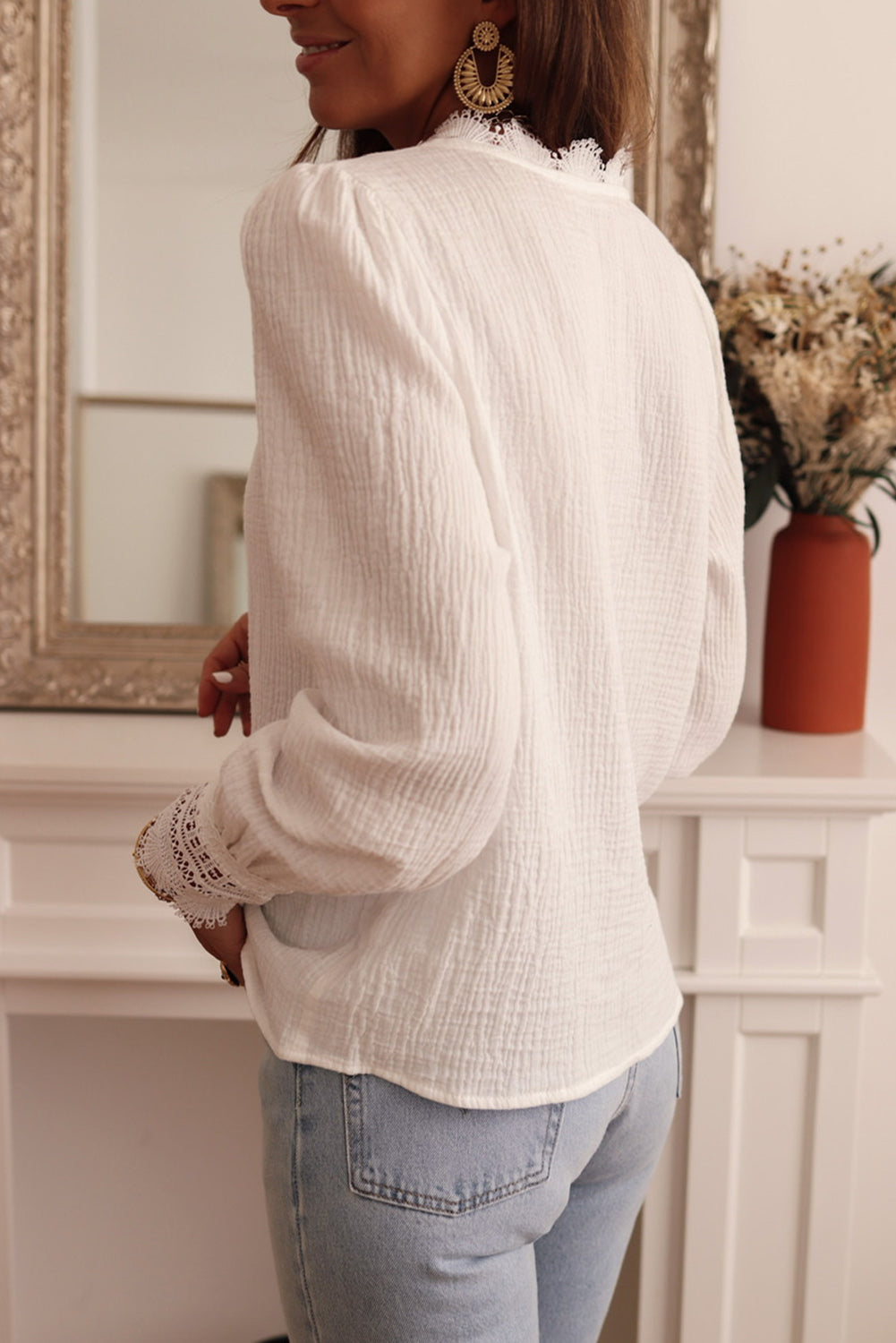 White Lace Crochet Trim Deep V Neck Textured Blouse