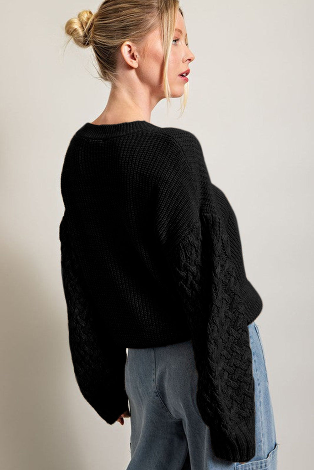 Black Cable Knit Sleeve Drop Shoulder Sweater