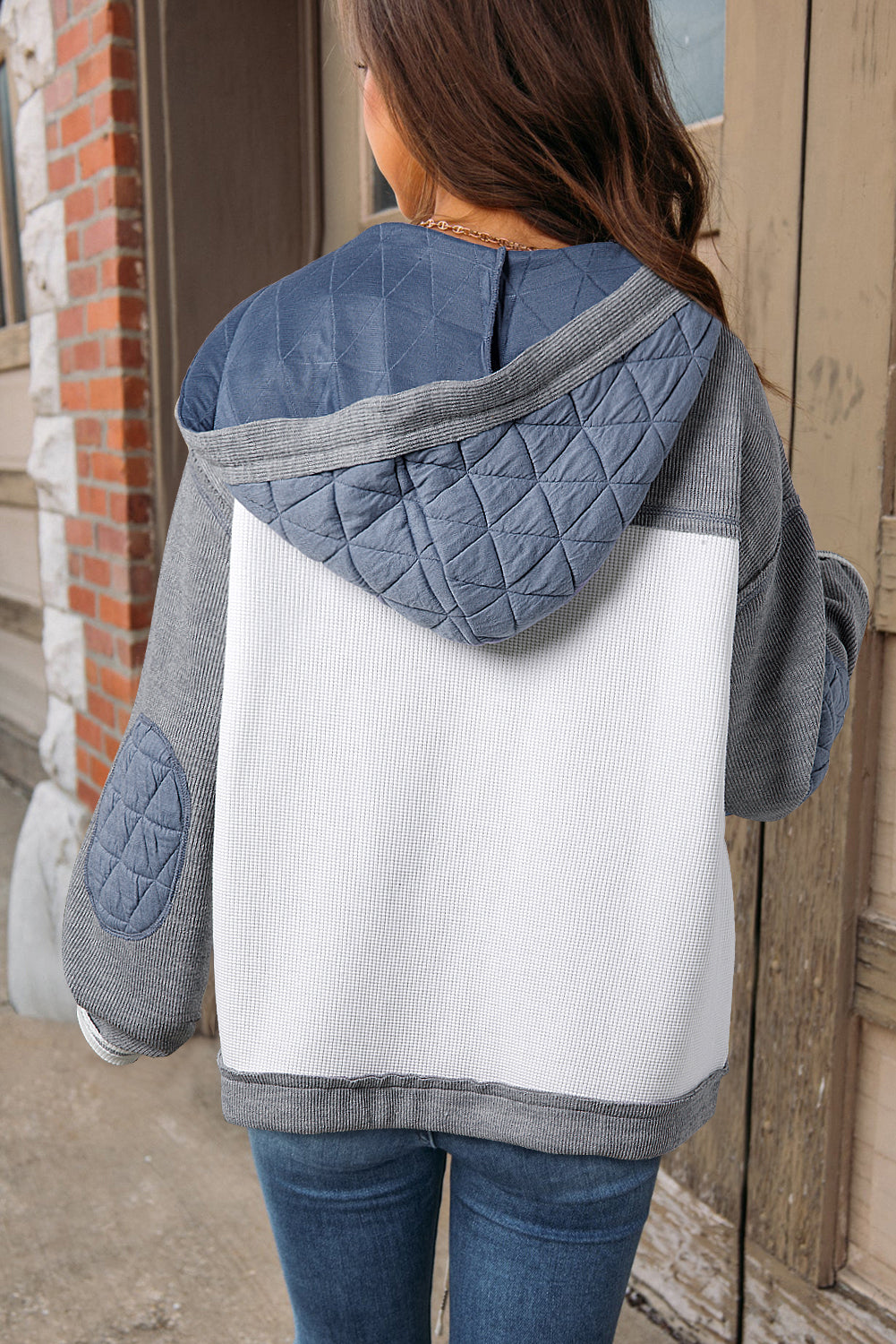 Light Blue Quilted Textured Patchwork Loose Fit Hooded Jacket