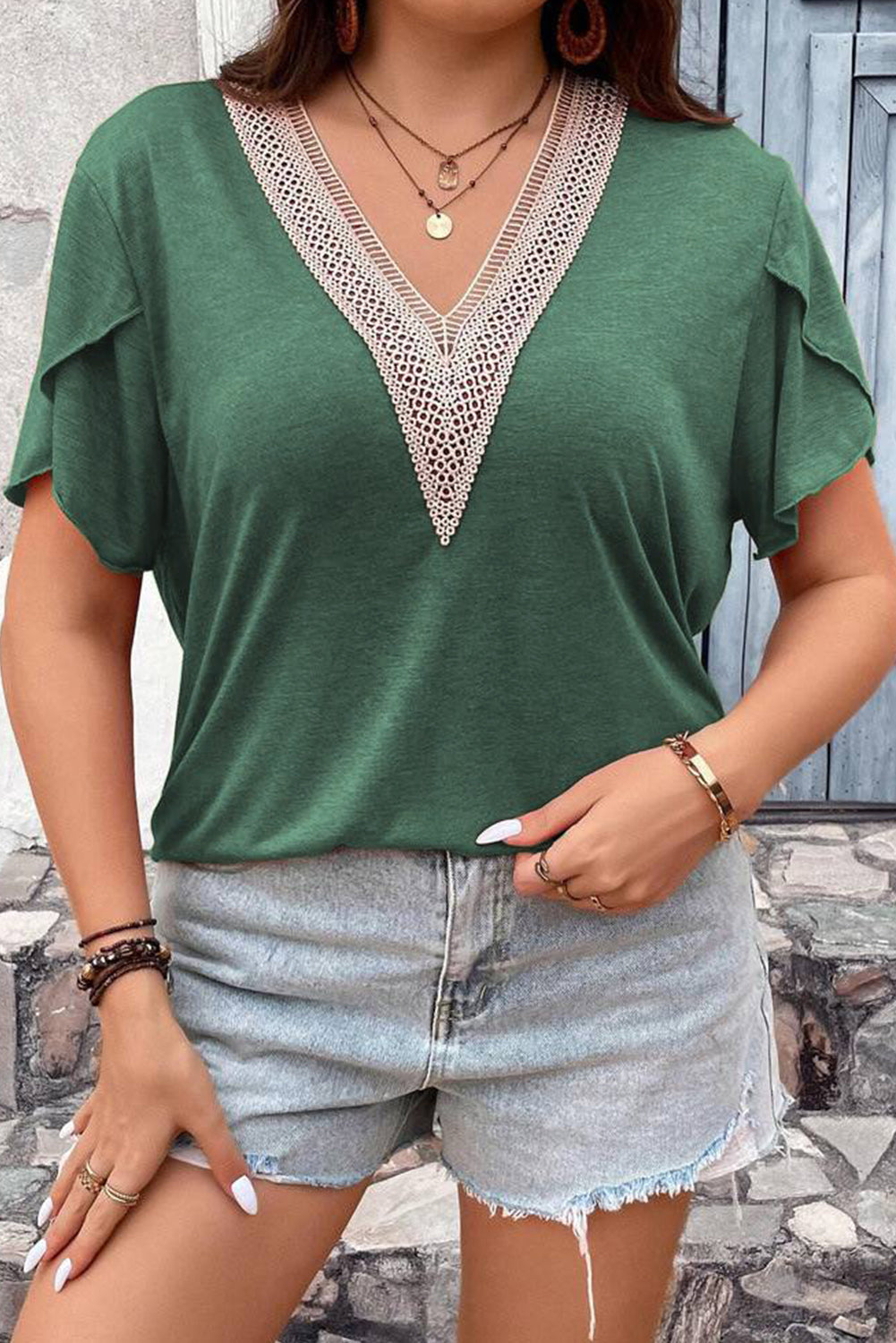 Blackish Green Plus Size Embroidery V Neck Draped Sleeve Blouse