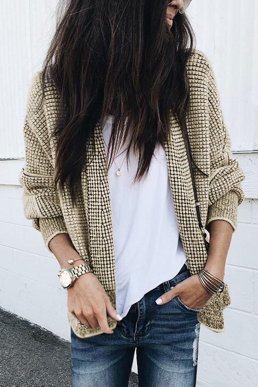 Black Plaid Contrast Trim Open Front Cardigan