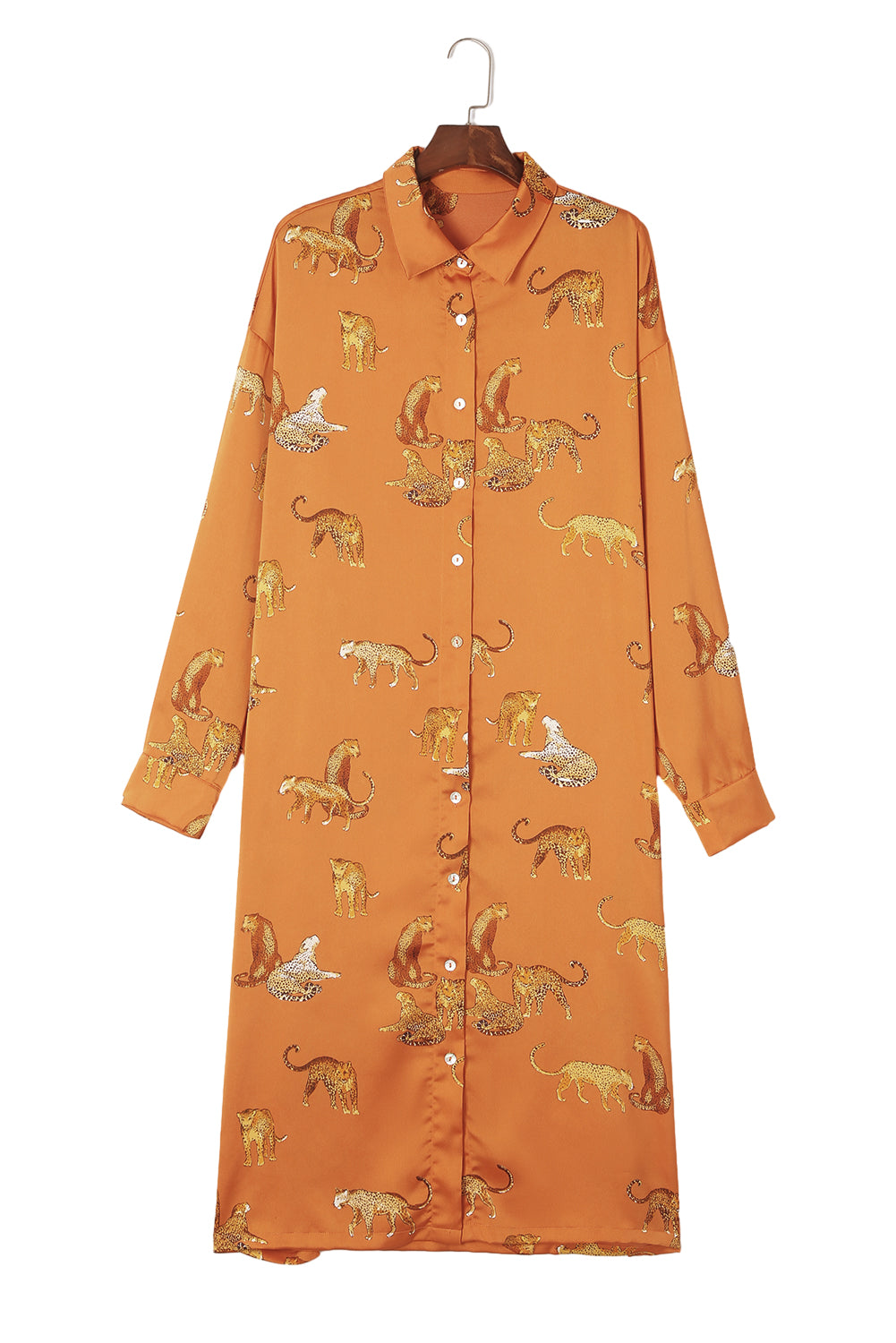 Russet Orange Cheetah Animal Print Button Up Satin Shirt