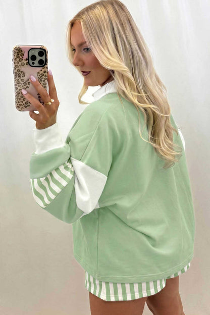 Smoke Green Striped Color Block Pullover Top Drawstring Shorts Set