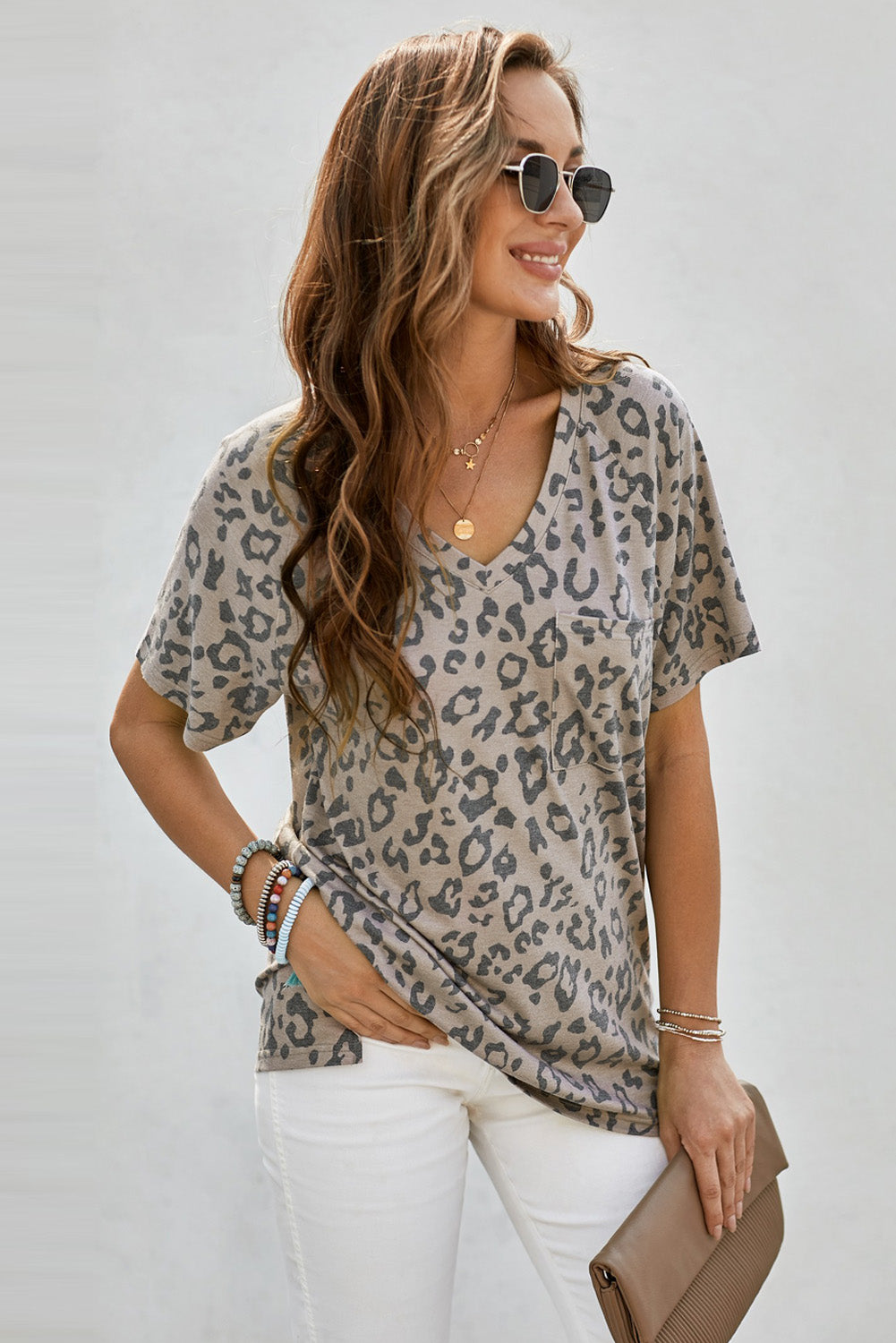 Leopard V Neck Front Pocket Tee