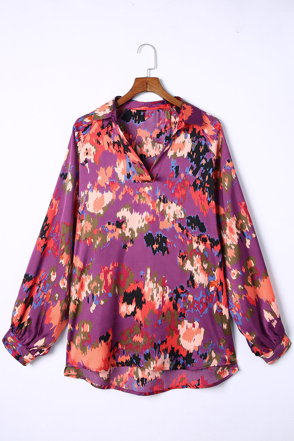 Plus Size Abstract Print V-Neck Long Sleeve Blouse