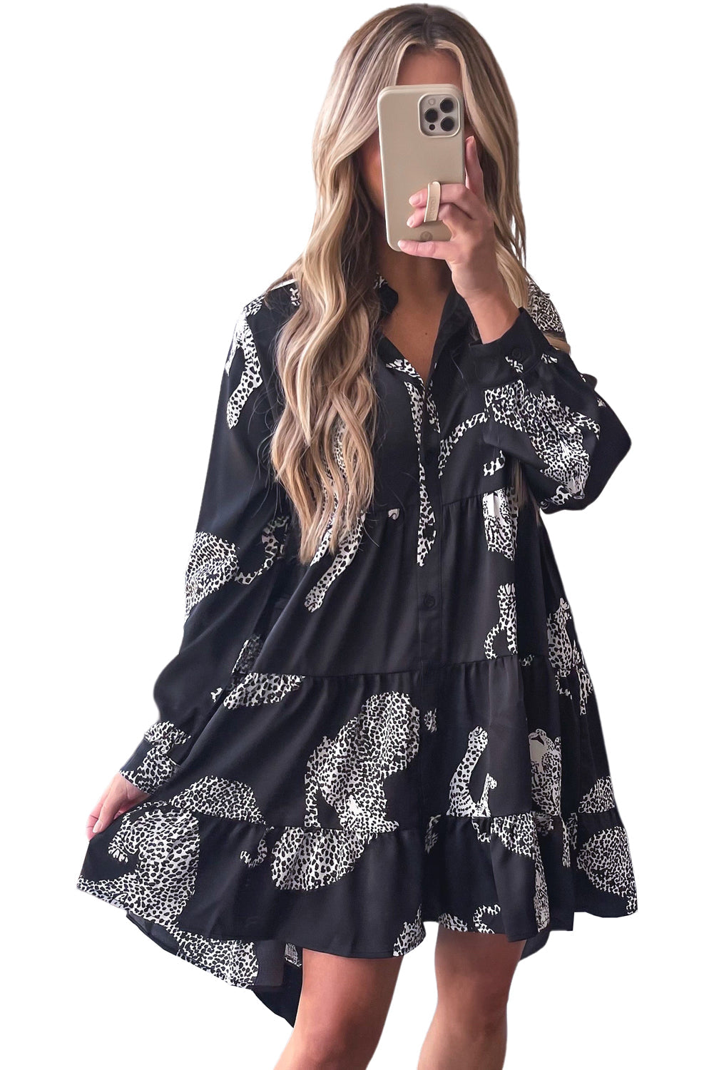 Black Printed Cheetah Print Bubble Sleeve Blouse