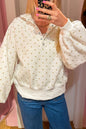 White Polka Dot Print Metal Button Collar Casual Pullover Sweatshirt