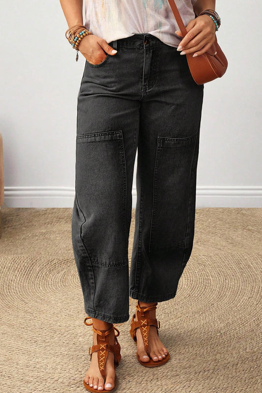 Carbon Grey Decorative Seam Patchwork Detail Solid Color Jeans