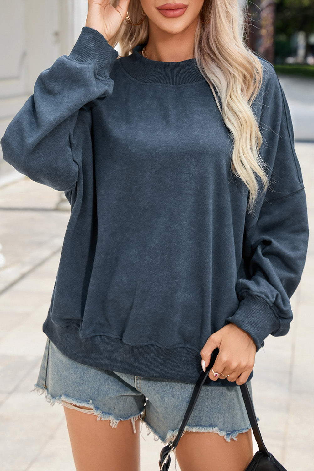 Black Drop Shoulder Crew Neck Pullover Sweatshirt