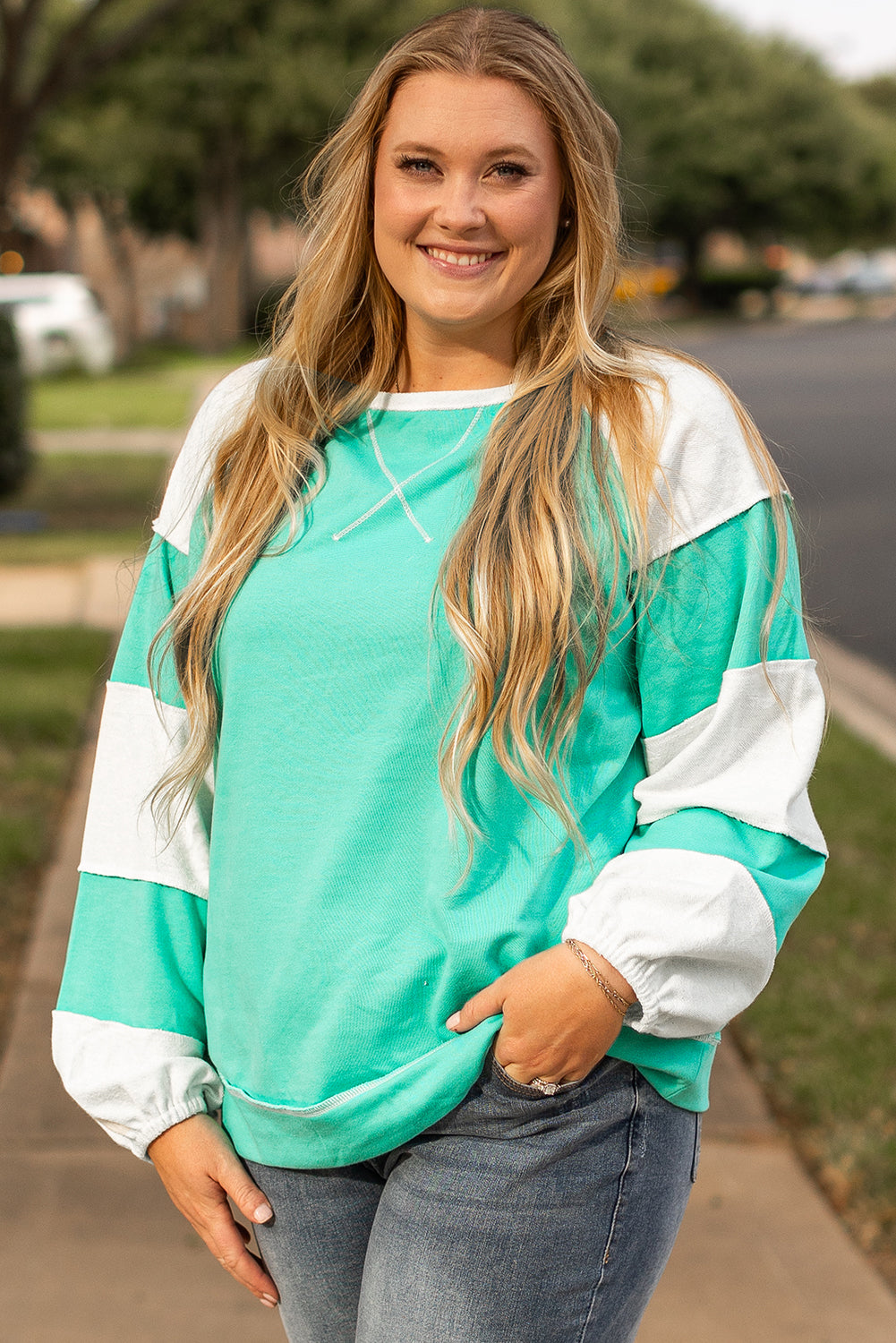 Aruba Blue Colorblock Patchwork Plus Sweatshirt