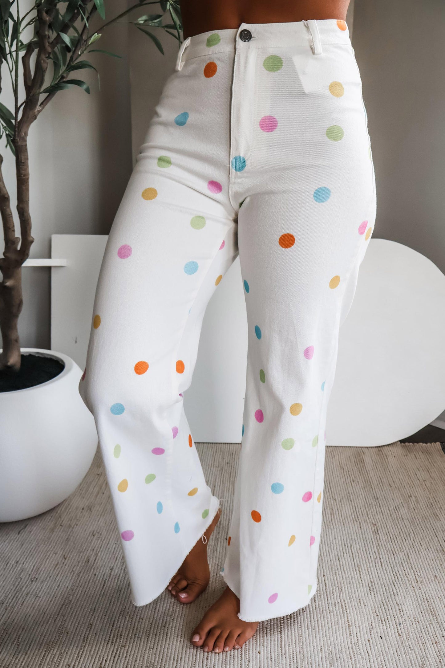 White High Waist Polka Dot Straight Leg Casual Jeans