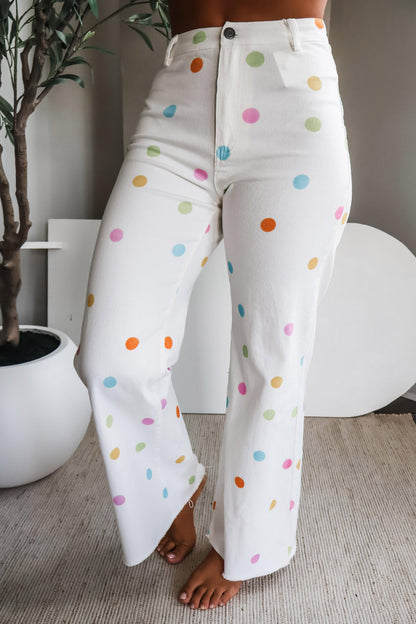 White High Waist Polka Dot Straight Leg Casual Jeans