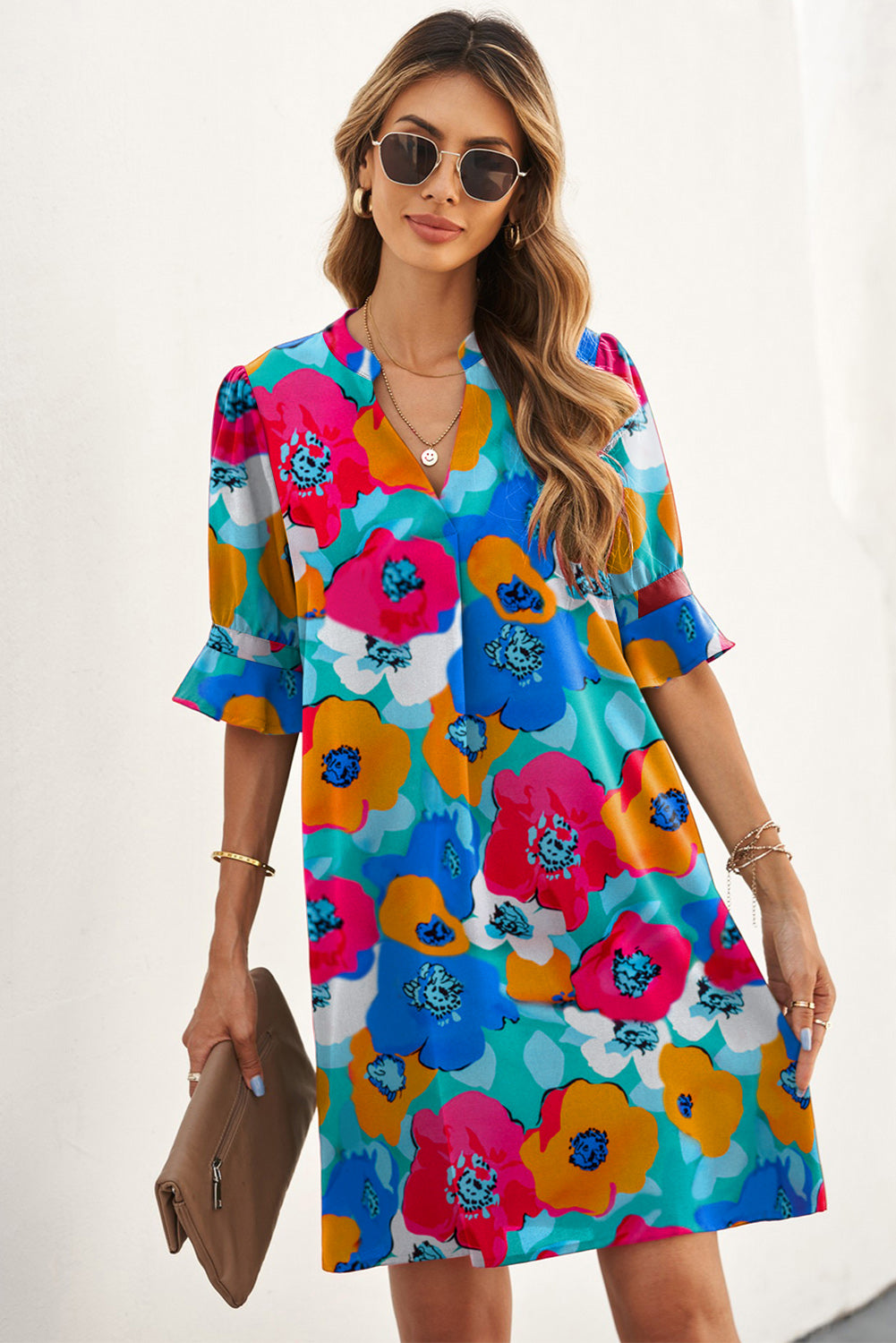 Multicolor Split V Collar Ruffle Sleeve Floral Shift Dress