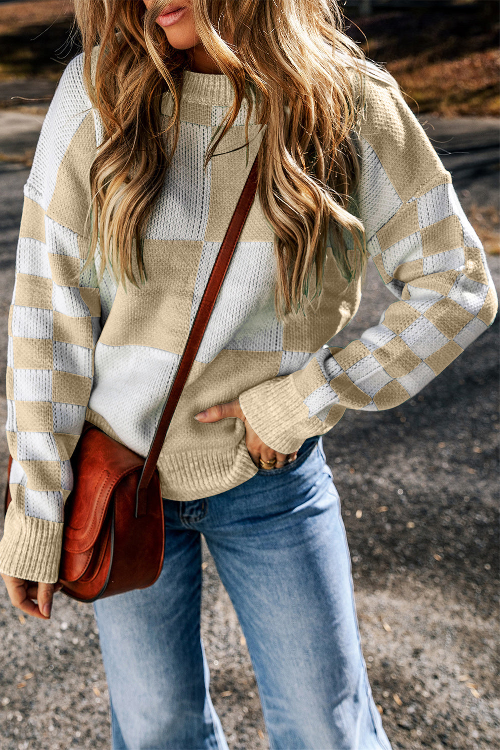 Black Checkered Print Drop Shoulder Sweater