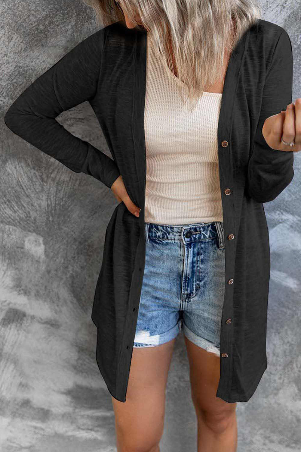 Brown Buttoned Thigh-high Length Plus Size Cardigan