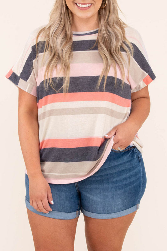 Plus Size Striped Colorblock Print T-shirt