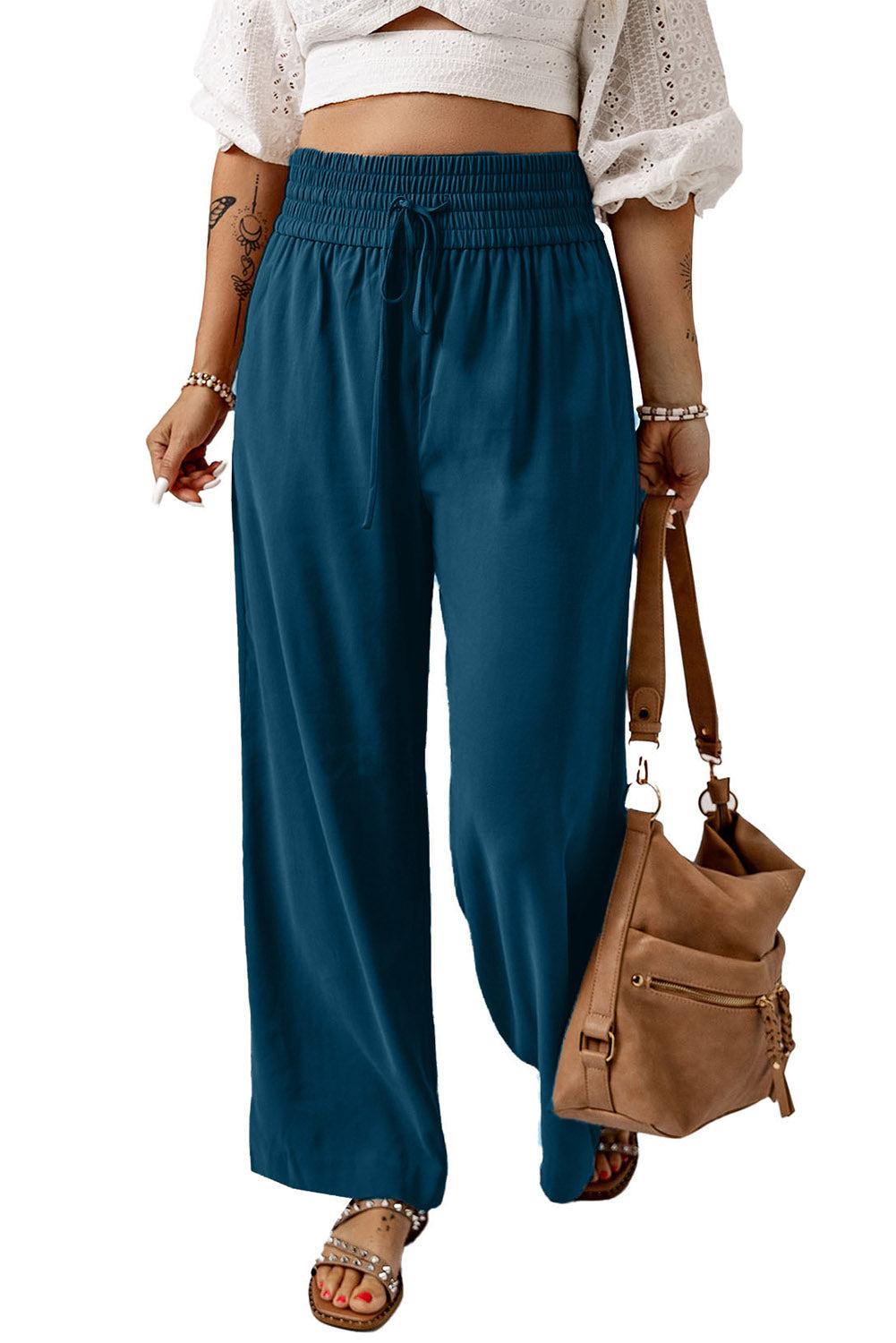 Casual Drawstring Shirred Elastic Waist Wide Leg Pants