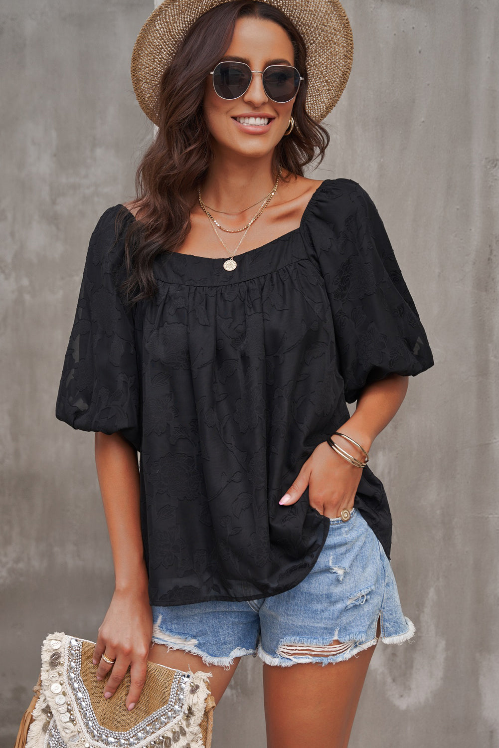 Lush Printed Balloon Sleeve Ruched Chiffon Top