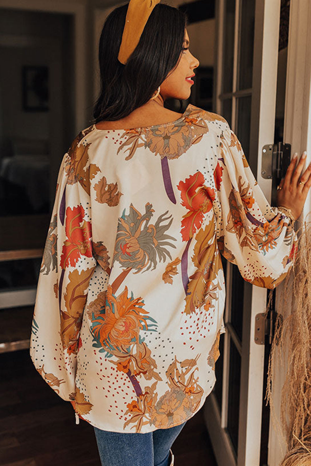 V Neck Loose Sleeve Floral Blouse