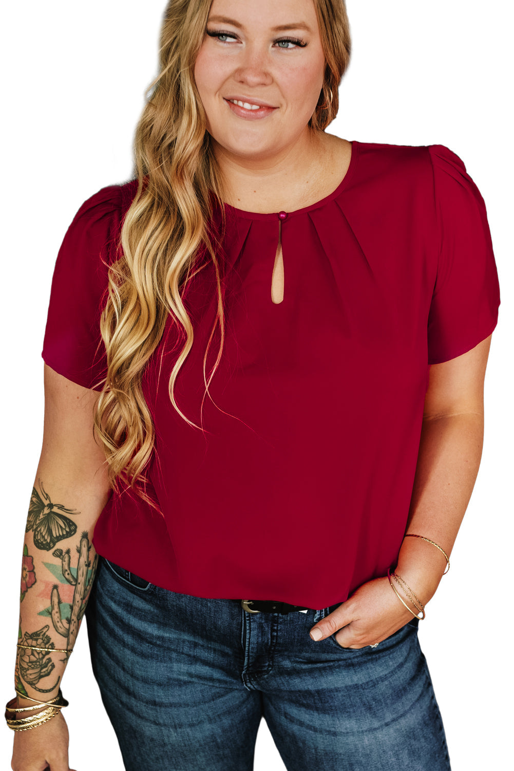 Red Dahlia Keyhole Pleated Crew Neck Plus Size T Shirt