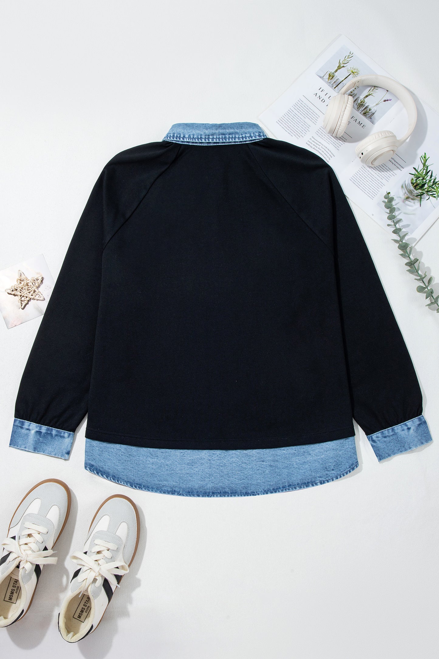 Black Solid Colorblock Long Sleeve V-Neck Plus Size Blouse