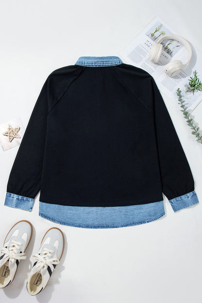 Black Solid Colorblock Long Sleeve V-Neck Plus Size Blouse