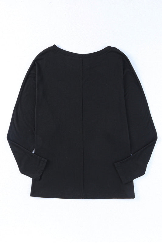 Black Ribbed Patch Pocket Button Split Neck Top