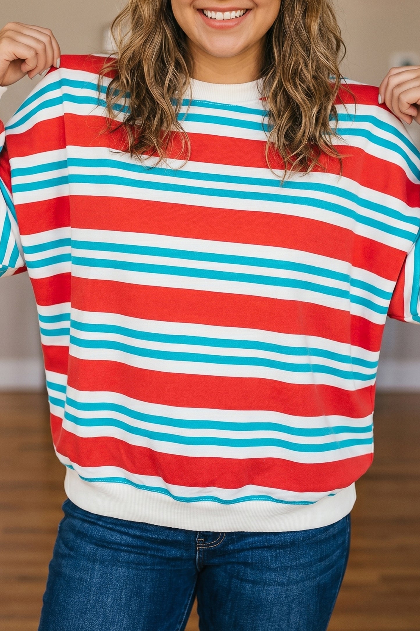 Red Stripe Striped Colorblock Long Sleeve Round Neck Tunic Plus Size Sweatshirt