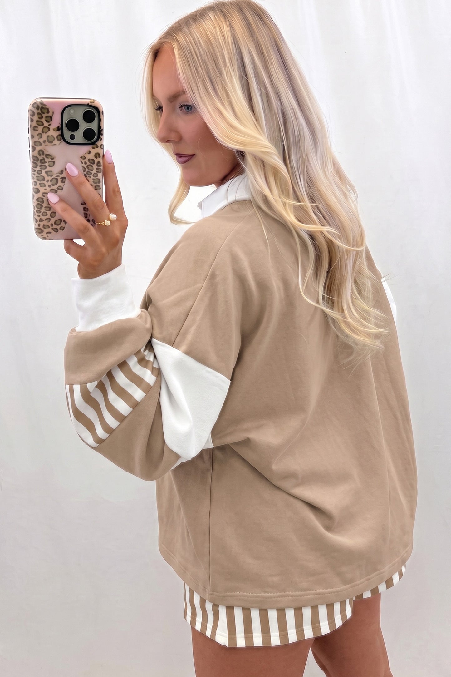 Smoke Green Striped Color Block Pullover Top Drawstring Shorts Set