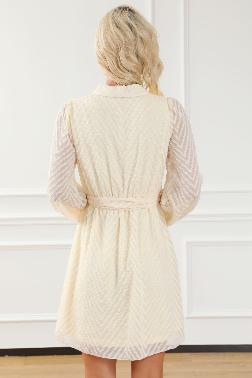 Apricot Chevron Sheer Puff Sleeve Surplice Belted Mini Dress