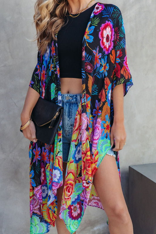 Multicolor Bohemian Floral Print Half Sleeve Open Front Kimono