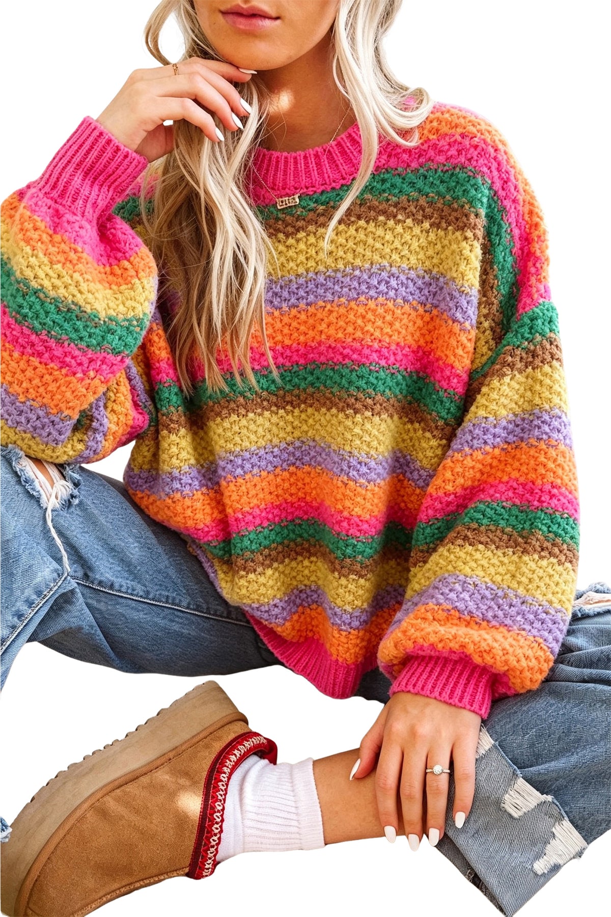 Camel Rainbow Striped Knit Round Neck Puff Sleeve Sweater