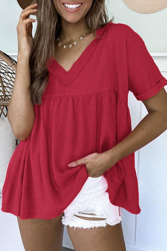 Frayed V Neck Ruffled Babydoll Blouse