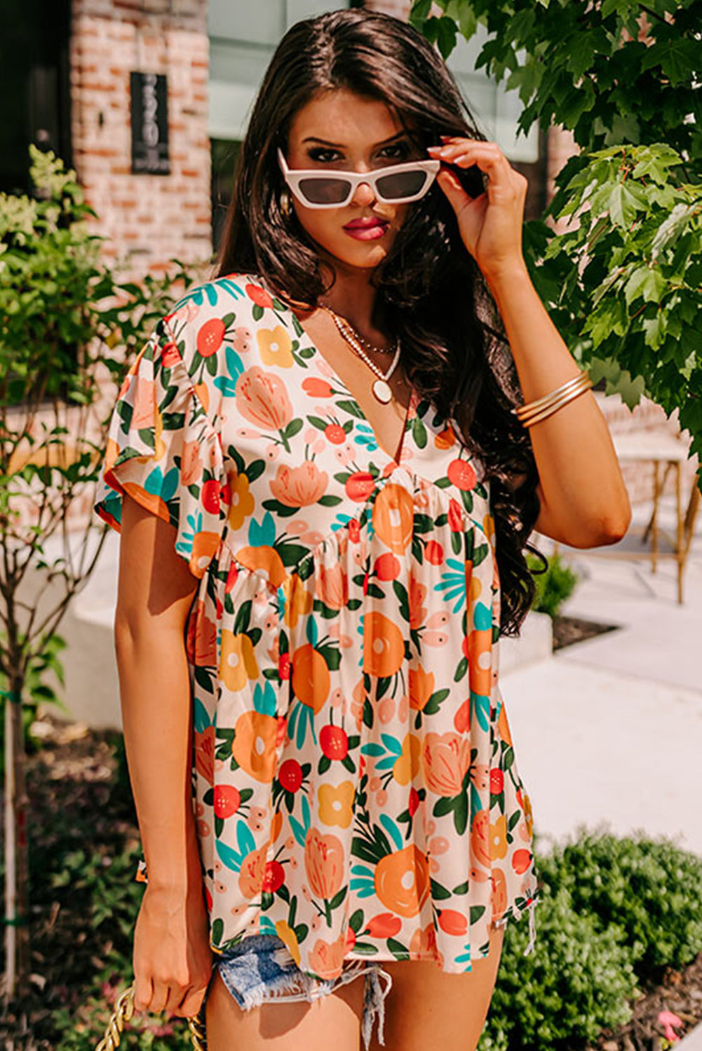 Apricot Floral Print Short Sleeve V Neck Tied Back Blouse