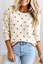 White 100% Cotton Round Neck Polka Dot Long Sleeve Casual Shift Sweater