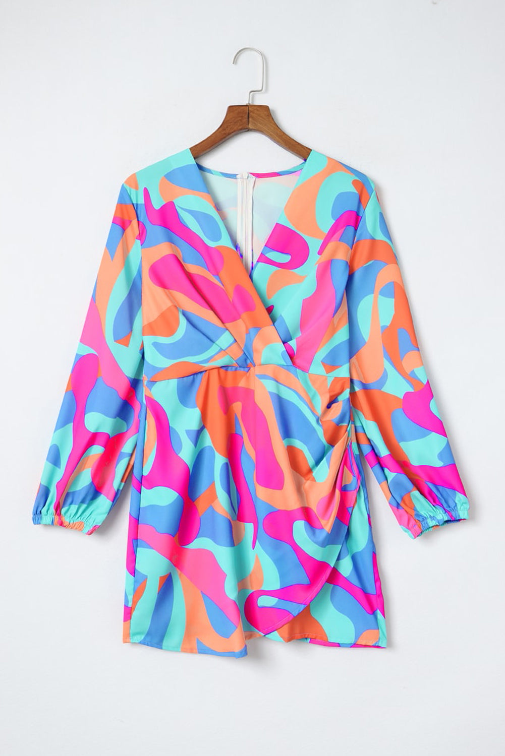 Multicolor Plus Size Abstract Print Pleated Surplice Long Sleeve Dress